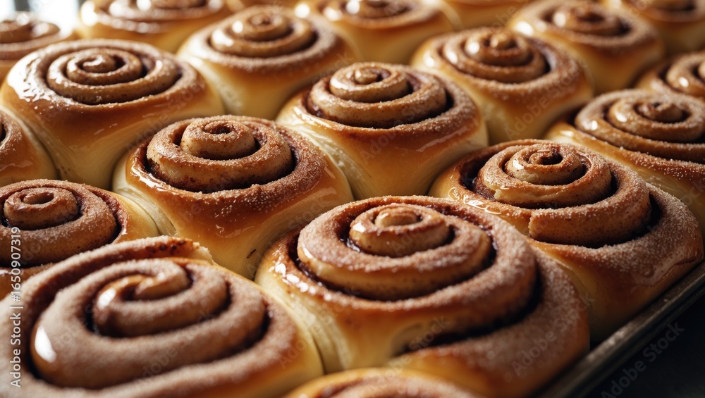 Fototapeta premium Close-up of freshly baked cinnamon rolls with a swirl design. Delicious bakery treats, sweet pastries, and breakfast favorites. The image showcases warm, gooey cinnamon rolls.