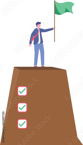 Flat illustration of freelancer placing flags on task mountain peaks while holding laptop to mark project milestones and achievement in remote work journey

