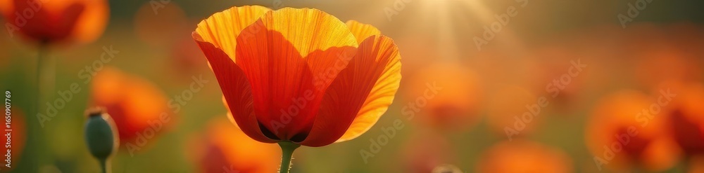 Naklejka premium Close-up of vibrant poppy in sunlight, showcasing delicate petals and textures , sun, flower, stem