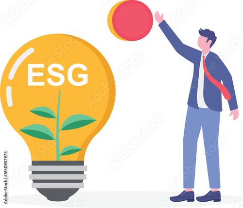 Flat illustration of employees pressing green ESG lightbulb button on dashboard to activate sustainable business mode

