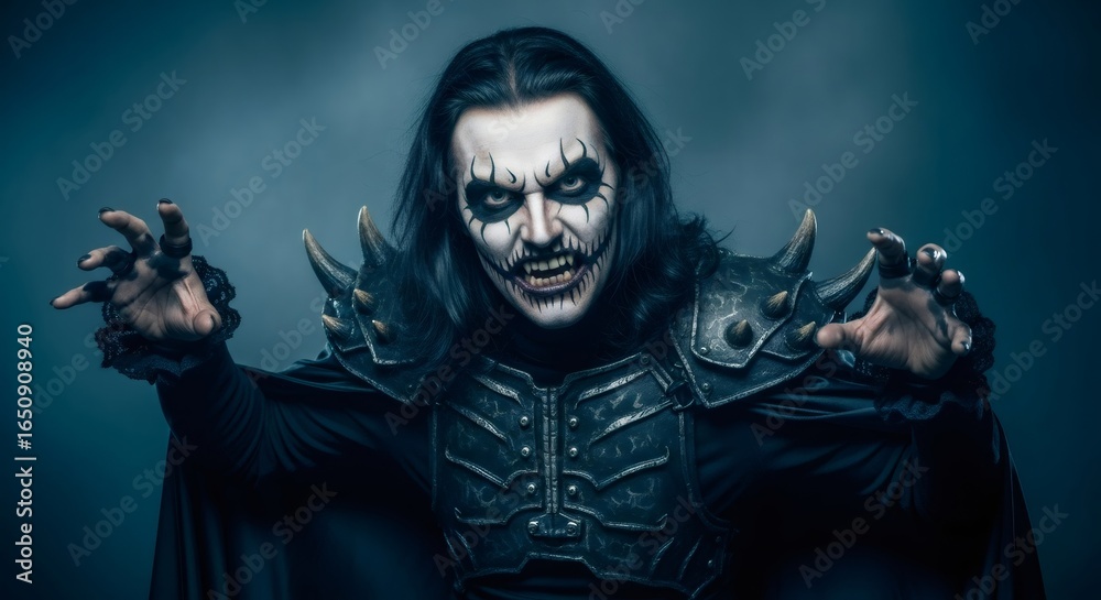 Fototapeta premium Scary vampire man with dark makeup and long hair, wearing armor and a cloak for Halloween celebration. Scaring people for October holiday.