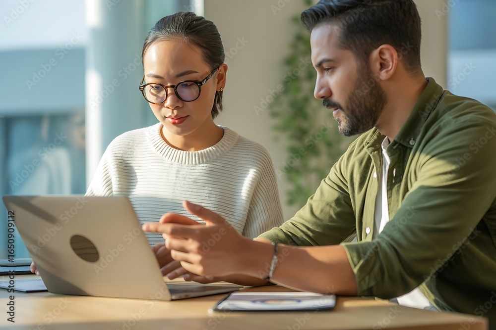 Fototapeta premium Focused diverse colleagues collaborating on project using laptop in bright modern office with natural light