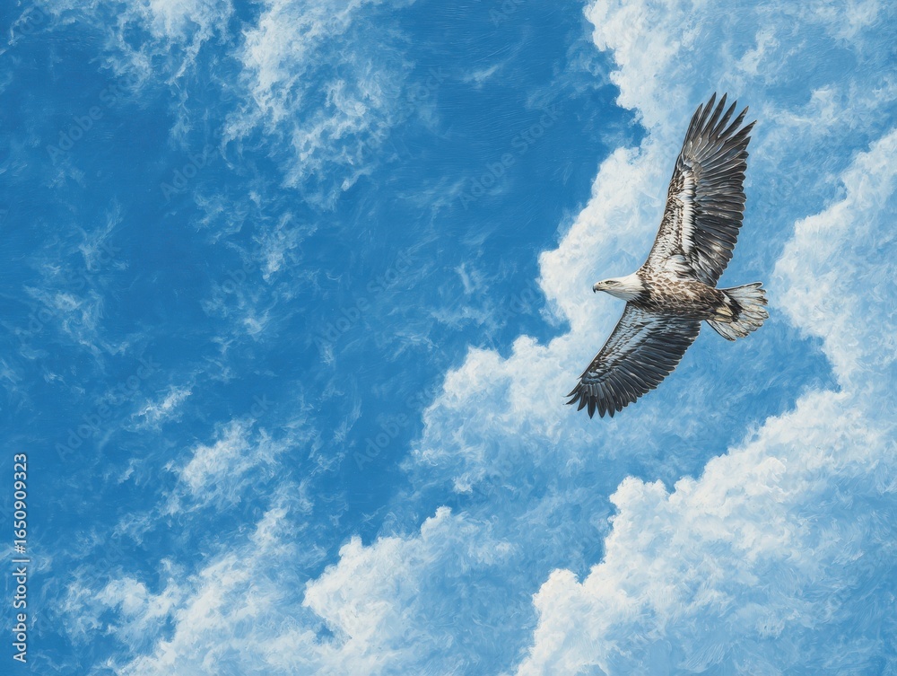 Obraz premium Eagle Soaring High with Wings Spread, Amidst Clear Blue Sky and Fluffy Clouds