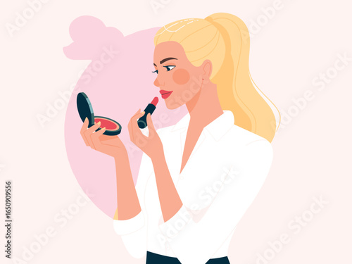 Stylish blonde woman applying red lipstick looking in a compact mirror, a flat vector illustration