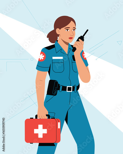 Flat vector illustration of a female paramedic with a first aid kit and radio