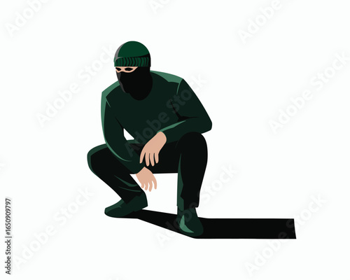 Crouching Figure in Dark Clothing A Vector Illustration