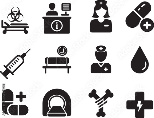 Set of 12 Medical and Healthcare Icons with Black Silhouettes on White Background biohazard