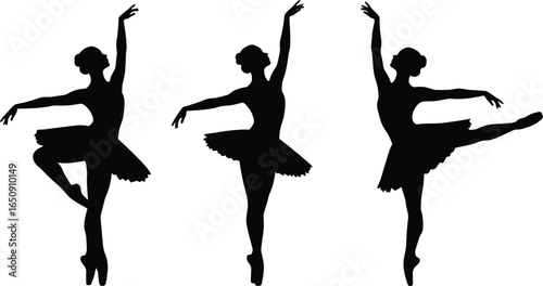 Silhouettes of three ballet dancers in tutu skirts, performing elegant ballet poses, isolated vector illustration on white background