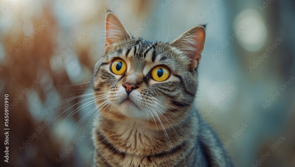 Fototapeta premium Close-up of a tabby cat with yellow eyes in a natural setting. Animal and wildlife photography. The beauty of domestic cats. Feline portrait. Nature and pets.