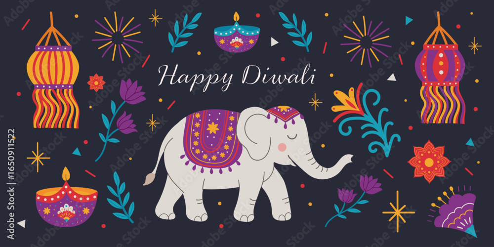 Fototapeta premium Happy Diwali card with festive elephant, traditional lanterns, oil lamps, flowers and fireworks. Colorful Indian holiday celebration banner. Bright vector illustration isolated on background.