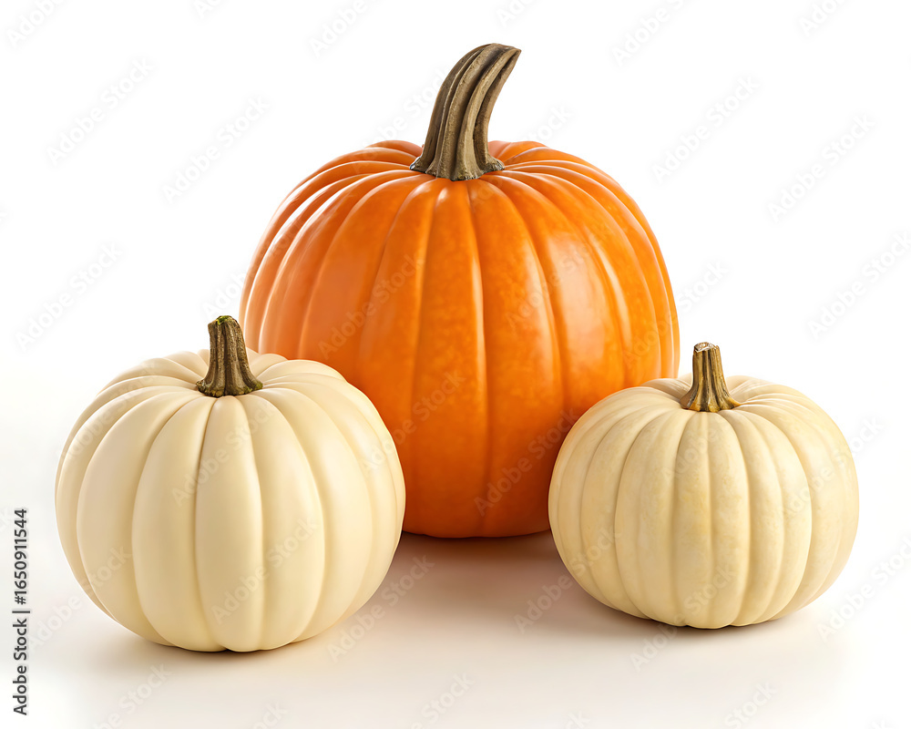 Fototapeta premium Arrangement of one orange and two white pumpkins on a white surface in a studio setting