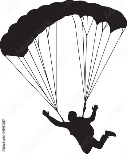 Skydiver descends with parachute open, arms outstretched