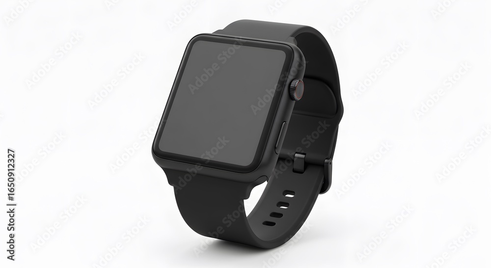 A black smartwatch with a rectangular screen and matching wristband positioned on a white background A black smartwatch with a rectangular screen and matching wristband positioned on a white background