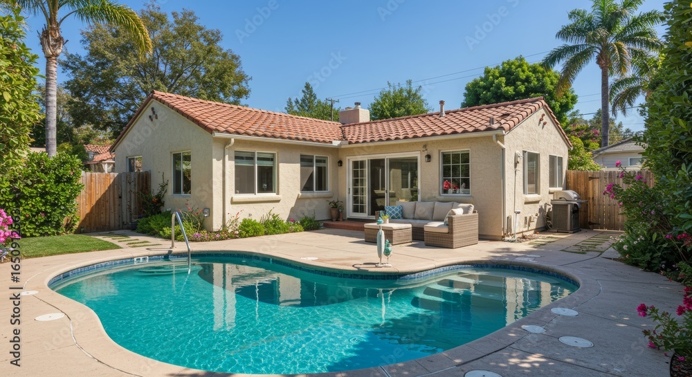 Fototapeta premium Cozy Single-Story Home with Private Backyard Pool and Relaxing Outdoor Seating
