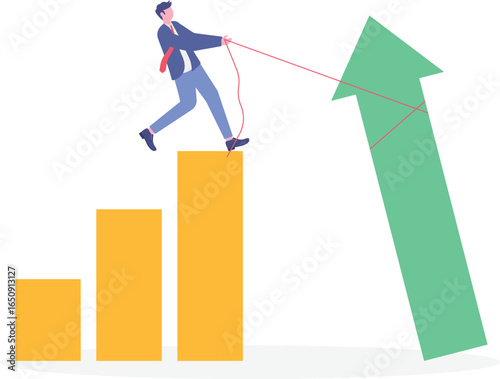 Flat illustration of business marketing team pushing large arrow icon up steep ranking chart hill for growth and performance success
