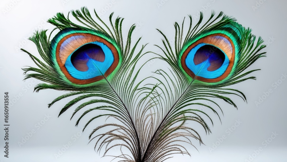 Obraz premium Peacock feathers displaying vibrant colors and intricate patterns against a plain background. Natural beauty and elegance. Ornamental bird feathers.