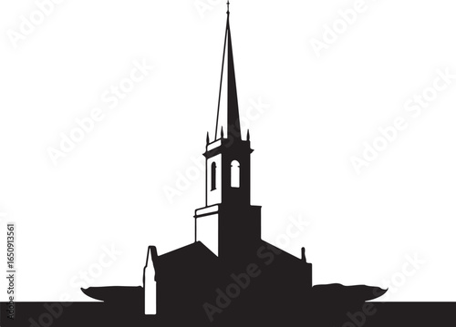 Elegant church steeple silhouette against bright white sky