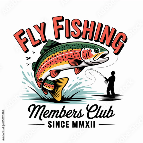 An artistic illustration showcasing a fisherman reeling in a vibrant trout, set against a scenic backdrop that captures the essence of fly fishing adventures. Enjoy!