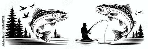 An impressive illustration featuring two leaping fish above a serene lake, capturing the excitement of fishing amidst a tranquil forest landscape filled with wildlife.