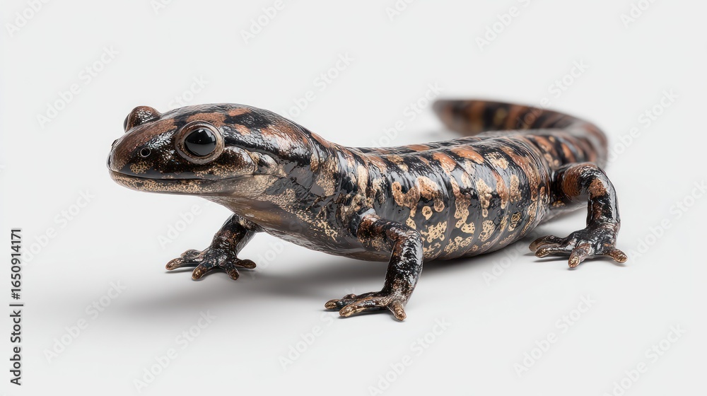 Naklejka premium A detailed close-up captures a small amphibian, possibly a salamander, against a stark white backdrop. Its black and orange patterned skin is highly textured, and its small limbs are clearly visible