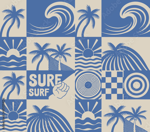An eye-catching design featuring iconic surfing symbols such as palm trees and waves, representing the energetic spirit of surf culture and coastal lifestyle.