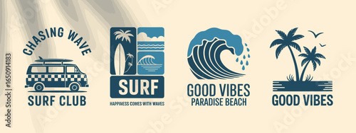 Capture the spirit of the ocean with this retro design featuring a surf club van, palm trees, and waves, signifying the adventurous and carefree surf lifestyle.