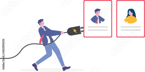 Flat illustration of human resource manager connecting colored wires from candidate profiles to job slot in recruitment panel to match skills and hiring needs
