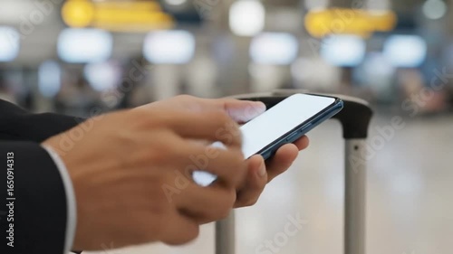 Man Using Smartphone at Airport with Luggage 4k video