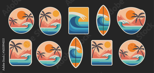 A visually appealing collection of stickers featuring scenic waves, mountains, and sunsets, inspired by summer surfing adventures and colorful beach vibes.