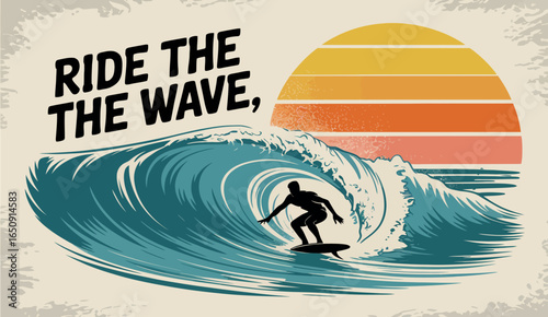 An incredible surfer gracefully maneuvers a perfect wave under a bright orange sun, embodying the essence of athleticism and the joy of life on the water.