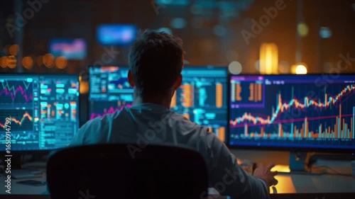 Stock market trader monitoring candlestick chart on computer screen for financial investment and trading