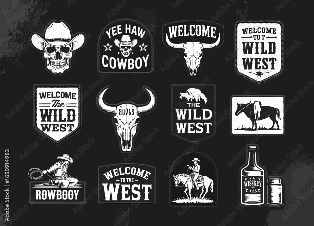 Fototapeta premium This artistic collection of stylish patches features elements of wild west life, celebrating cowboy culture through vivid designs, icons, and symbolic messages of adventure.