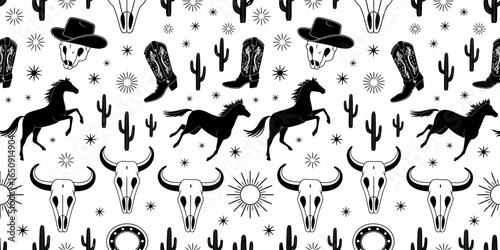 A detailed black and white pattern featuring cowboy boots, skulls, horses, and desert elements, representing the adventurous essence and rugged spirit of the Wild West era.