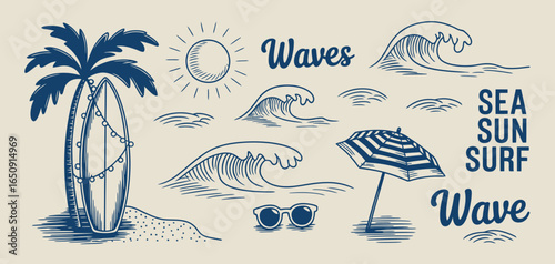 A serene coastal illustration featuring a surfboard, palm tree, and waves, perfectly embodying the essence of beach life and the joy of surfing in a picturesque setting.