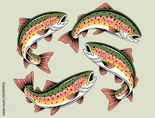 An artistic representation of several trout fish in a colorful design, suitable for nature-themed artwork, magazines, or products focused on fishing and the outdoors.