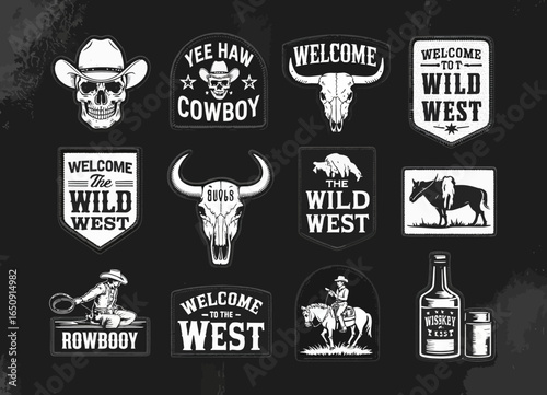 This artistic collection of stylish patches features elements of wild west life, celebrating cowboy culture through vivid designs, icons, and symbolic messages of adventure.