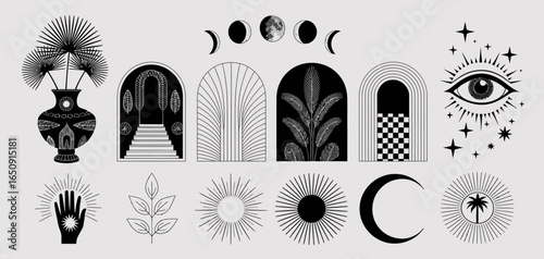 This image showcases stylized geometric designs featuring arches, celestial elements, and floral motifs, perfect for contemporary decorative use in various applications.