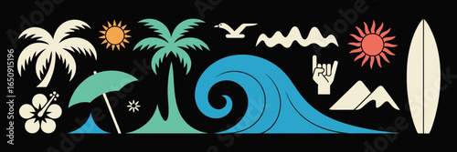 This vibrant image showcases tropical elements like palm trees, waves, and sun, creating an energetic coastal vibe perfect for summer or beach-themed content.