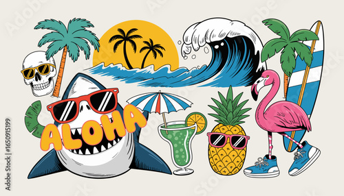 This playful design showcases a shark with sunglasses among lush tropical elements, a delicious tropical drink, and a bright sun, capturing the essence of summer fun and adventure.