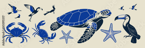 This beautiful blue illustration set highlights various sea creatures and birds, illustrating the diverse life forms within the ocean and their interconnected ecosystems.