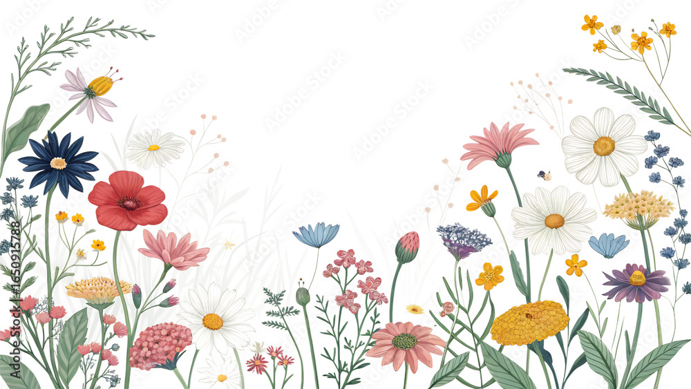 Delicate Hand Drawn Floral Border With Blooming Wildflowers And Daisies, PNG, isolated on transparent background. Delicate Hand Drawn Floral Border With Blooming Wildflowers And Daisies, PNG, isolated on transparent background.