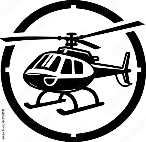 Minimalist black and white vector icon of a helicopter. Clean design, isolated on white, perfect for stickers, logos, digital use, easy to scale.