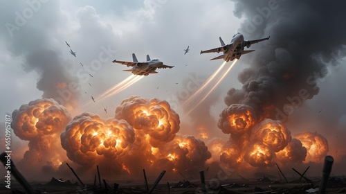 Fighter jets soar over intense explosions and smoke, dramatic aerial combat scene