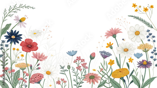 Delicate Hand Drawn Floral Border With Blooming Wildflowers And Daisies, PNG, isolated on transparent background.