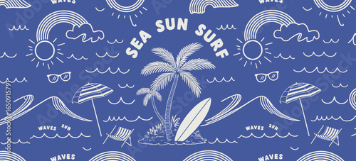 This image captures a charming illustration of a coastal tropical scene, featuring palm trees, bright colors, and sun elements depicting the carefree essence of summer by the sea.