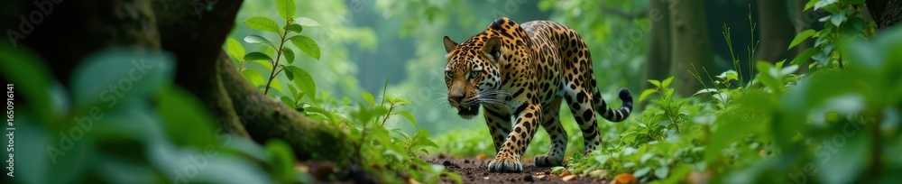 Obraz premium Jaguar stalking prey through dense underbrush, underbrush, forest