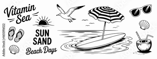 This stylish illustration shows a beach day theme with essentials like surfboard, sun hats, and a coconut drink, enhancing the joyful vibe of summer adventures.
