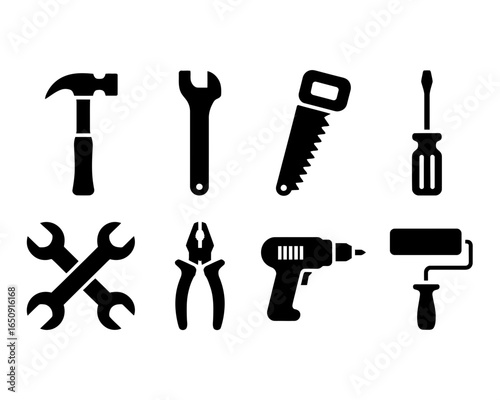 Collection of common hand tool silhouettes including a hammer wrench saw screwdriver pliers drill and paint roller isolated on white background silhouette