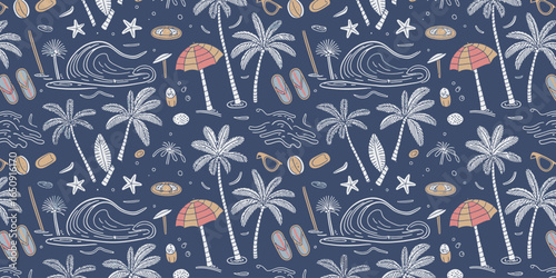 An engaging pattern illustration depicting waves, palm trees, and beach items, reflecting a cheerful seaside scene perfect for evoking a sense of summer enjoyment and relaxing vibes.