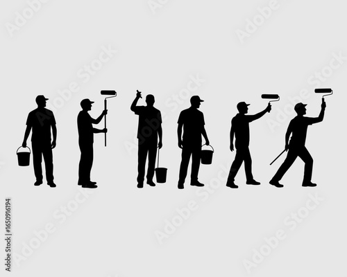Six painters with buckets and rollers in silhouette isolated on white background